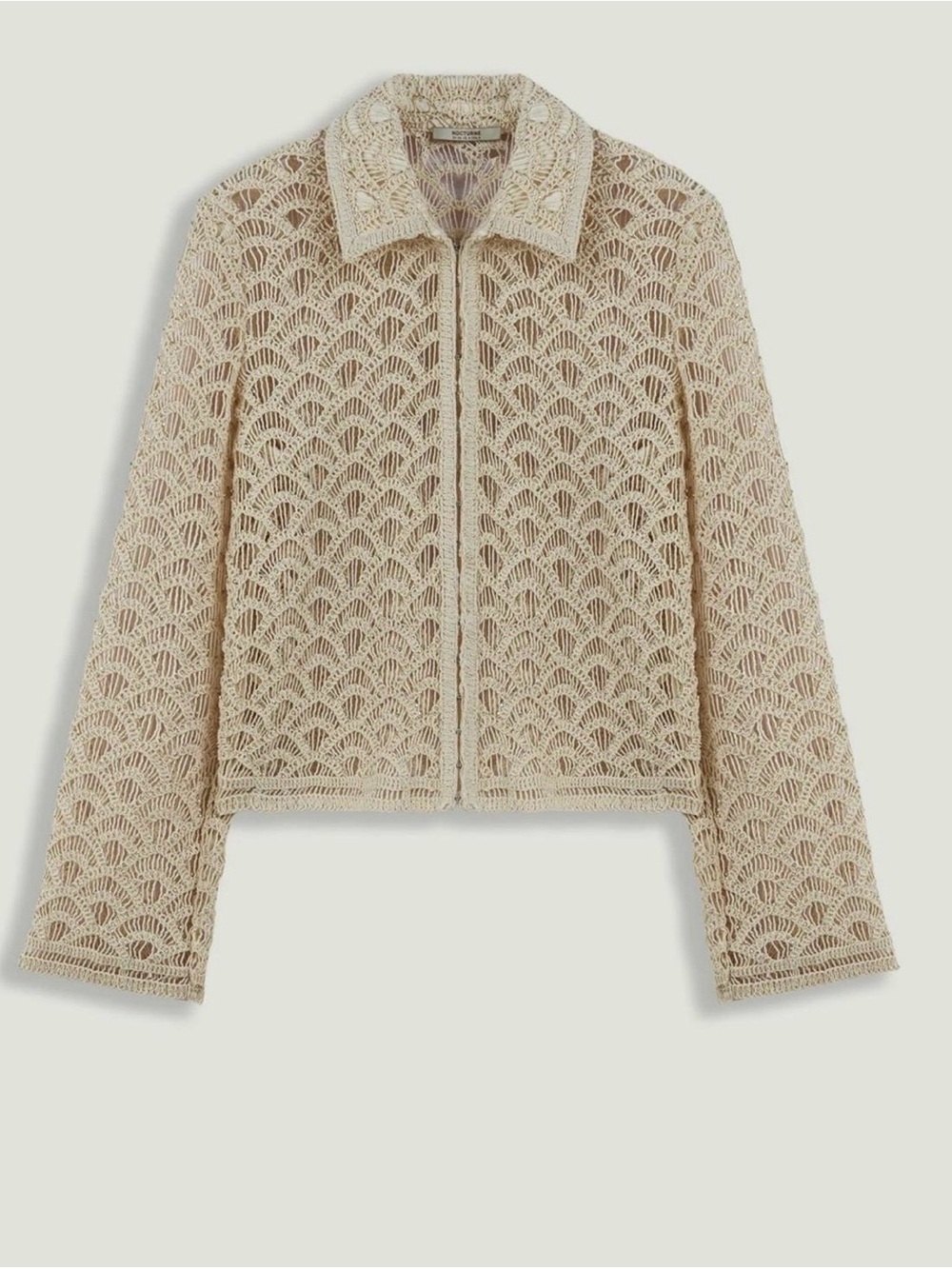 Beige Crochet Zip-Up Jacket with Collar